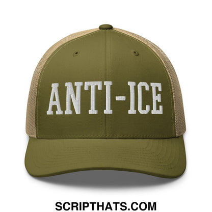 Olive green and tan mesh trucker hat with white embroidered anti-ice lettering in a casual style