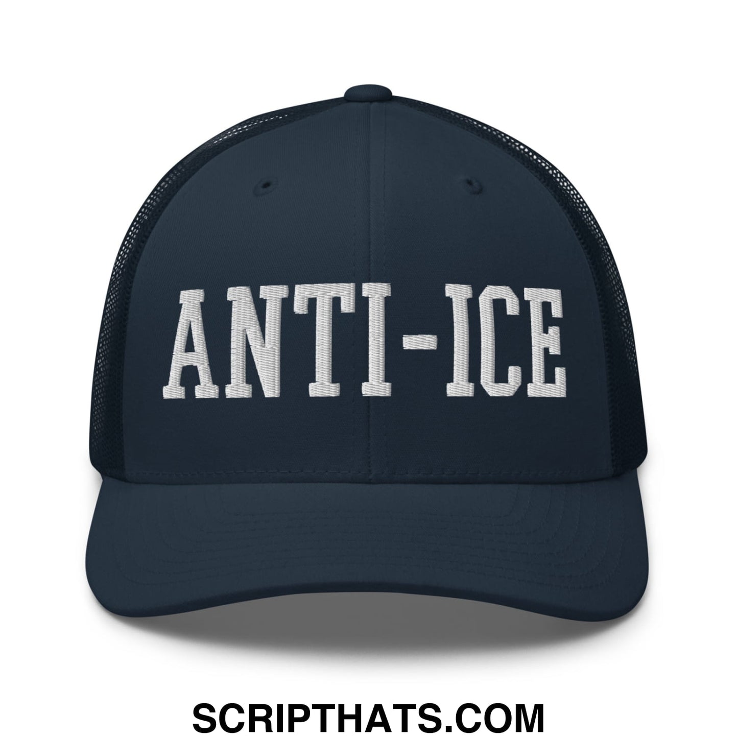 Dark navy mesh trucker hat with white embroidered anti-ice lettering across the front panel