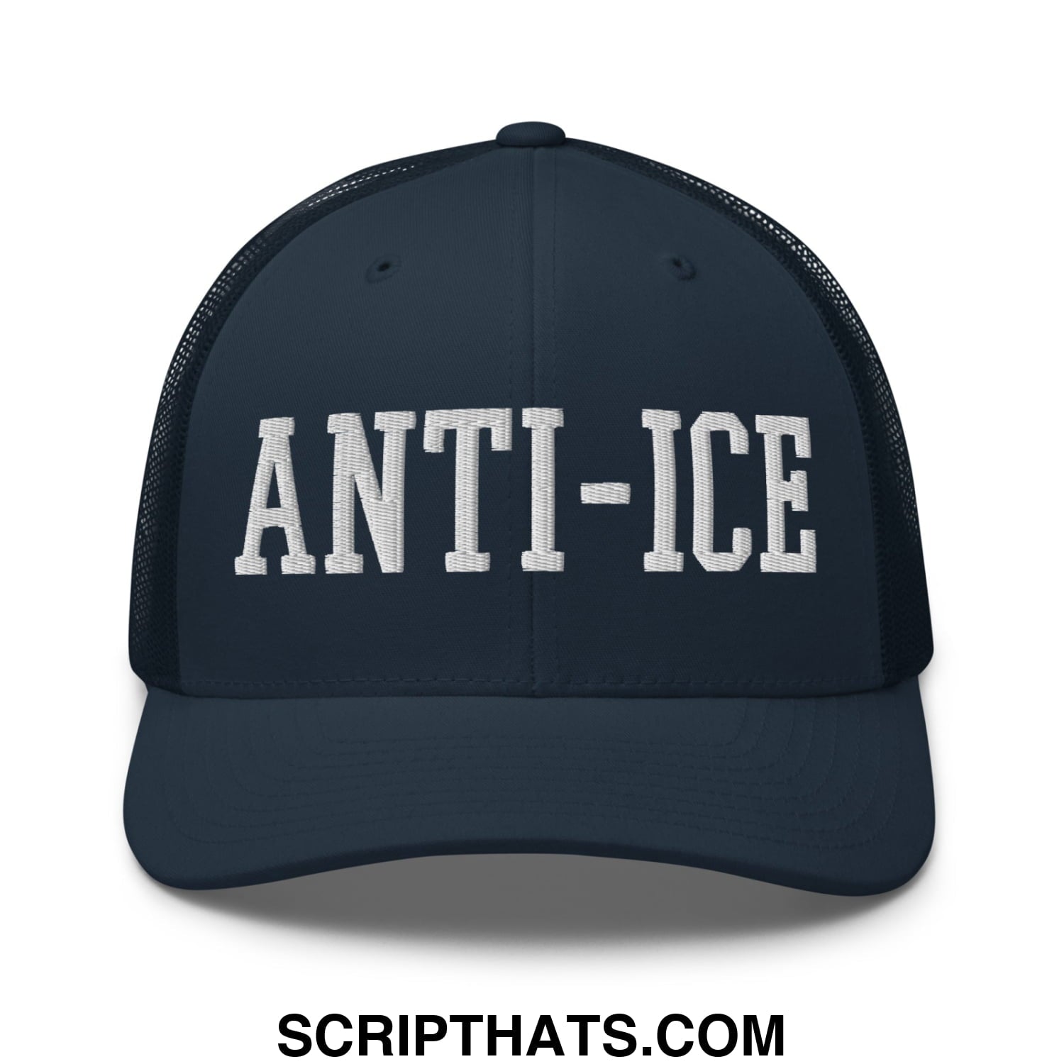 Dark navy mesh trucker hat with white embroidered anti-ice lettering across the front panel