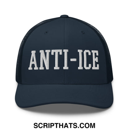 Dark navy mesh trucker hat with white embroidered anti-ice lettering across the front panel