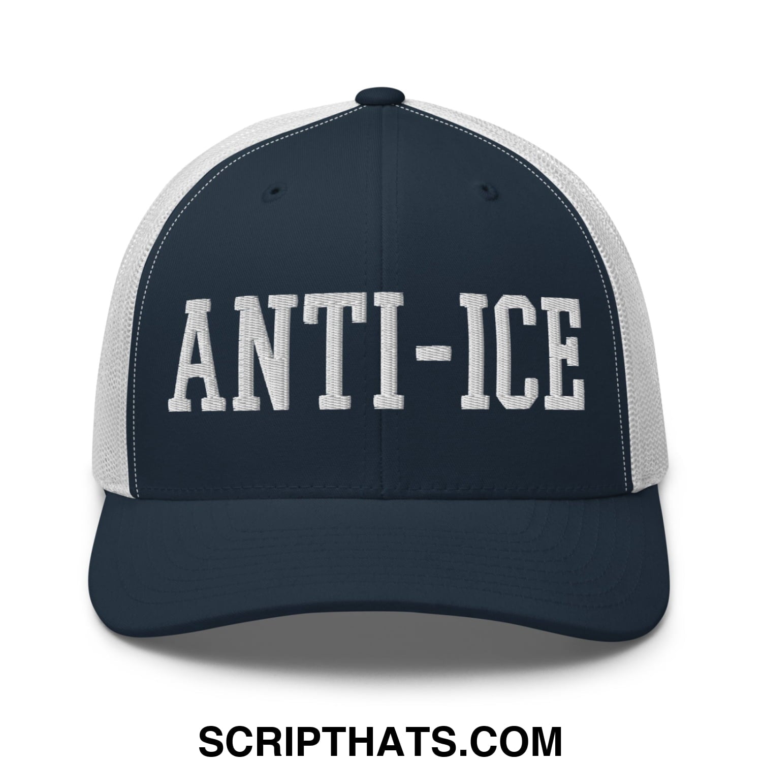 Navy blue and white mesh trucker hat with anti-ice bold raised white embroidery on the front panel