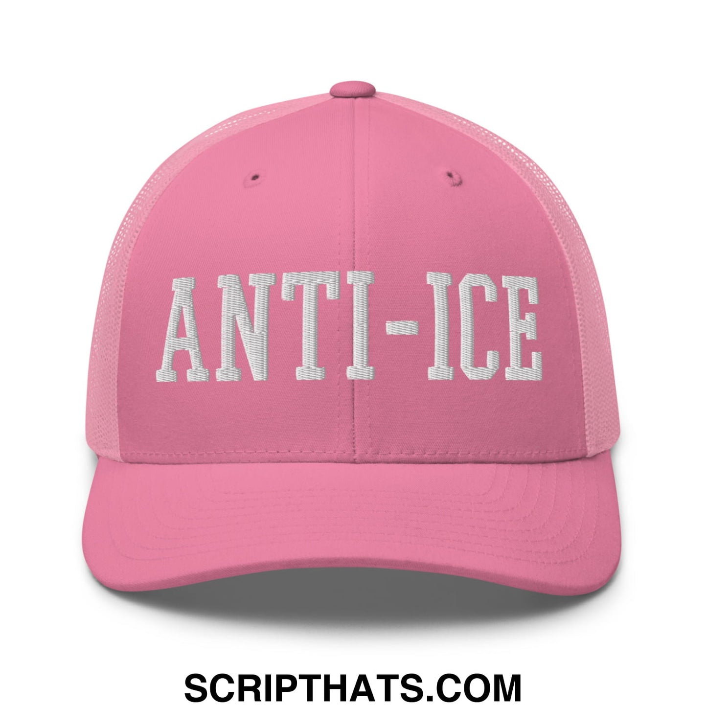 Pink mesh trucker hat with white embroidered anti ice lettering featuring breathable mesh back panel