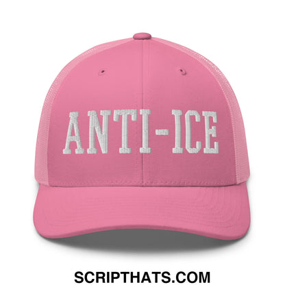 Pink mesh trucker hat with white embroidered anti ice lettering featuring breathable mesh back panel