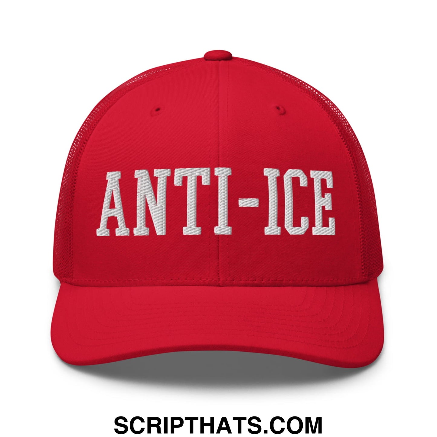 Red mesh trucker hat with white embroidered anti-ice lettering featuring breathable back panels