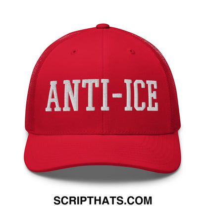 Red mesh trucker hat with white embroidered anti-ice lettering featuring breathable back panels