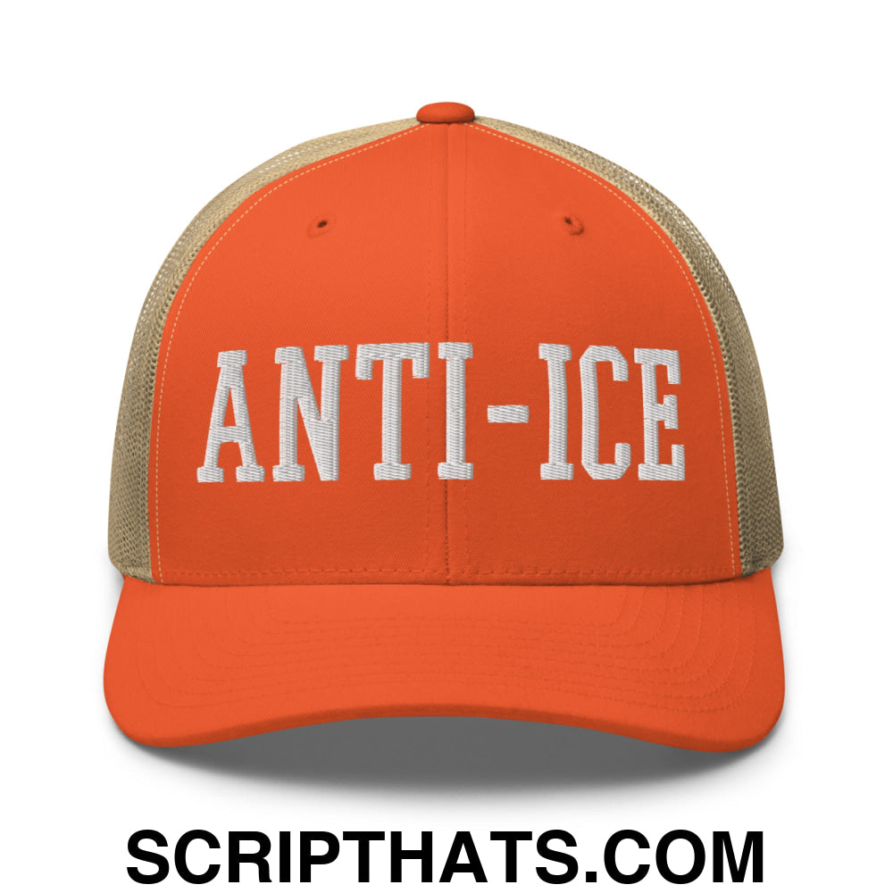 Anti-ICE Embroidered Mesh Trucker Hat Rustic Orange Khaki