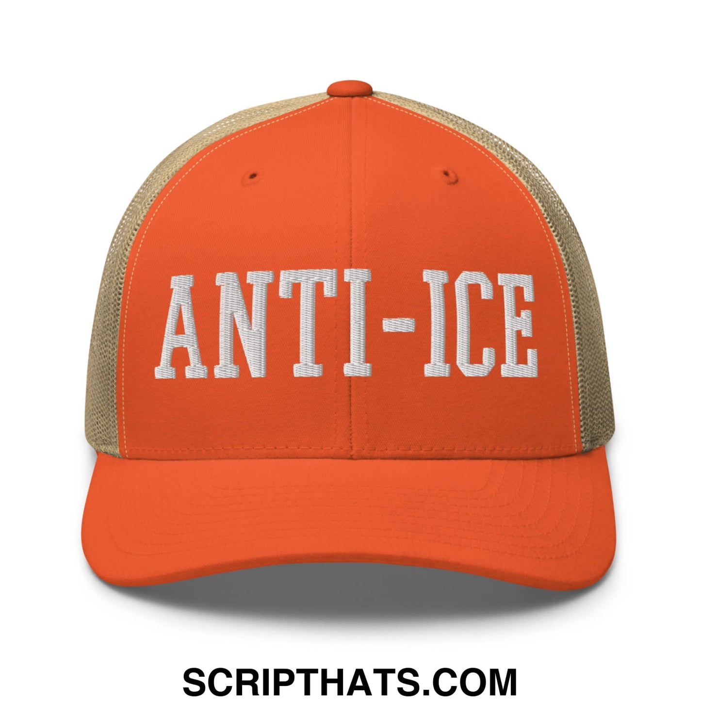 Orange and beige mesh trucker hat with white embroidered anti-ice lettering front design and breathable material