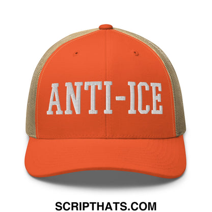 Orange and beige mesh trucker hat with white embroidered anti-ice lettering front design and breathable material
