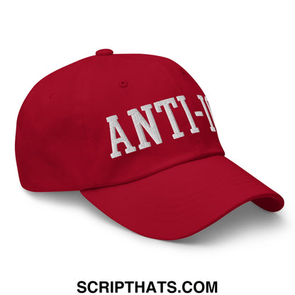 Red unstructured dad hat with white embroidered anti- lettering designed for casual wear