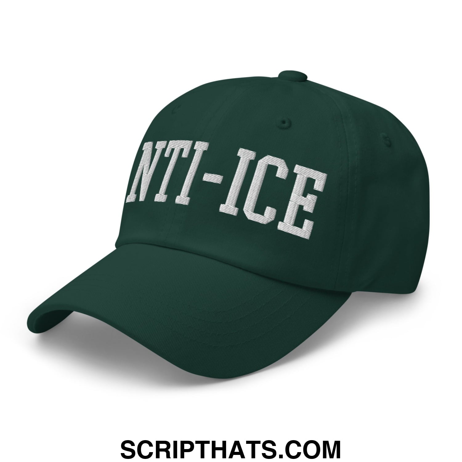 Dark green unstructured dad hat with white embroidered nti-ice lettering across the front for casual wear