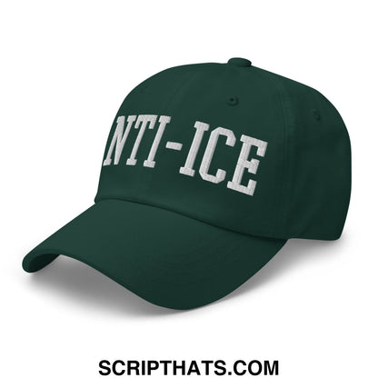 Dark green unstructured dad hat with white embroidered nti-ice lettering across the front for casual wear