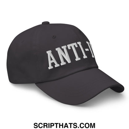 Black unstructured dad hat with white anti- embroidered lettering featuring a casual streetwear design