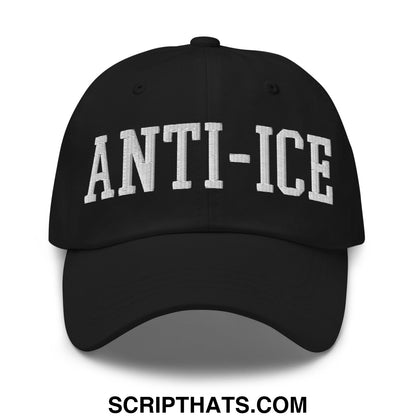 Black unstructured dad hat with white embroidered anti-ice lettering in classic collegiate font