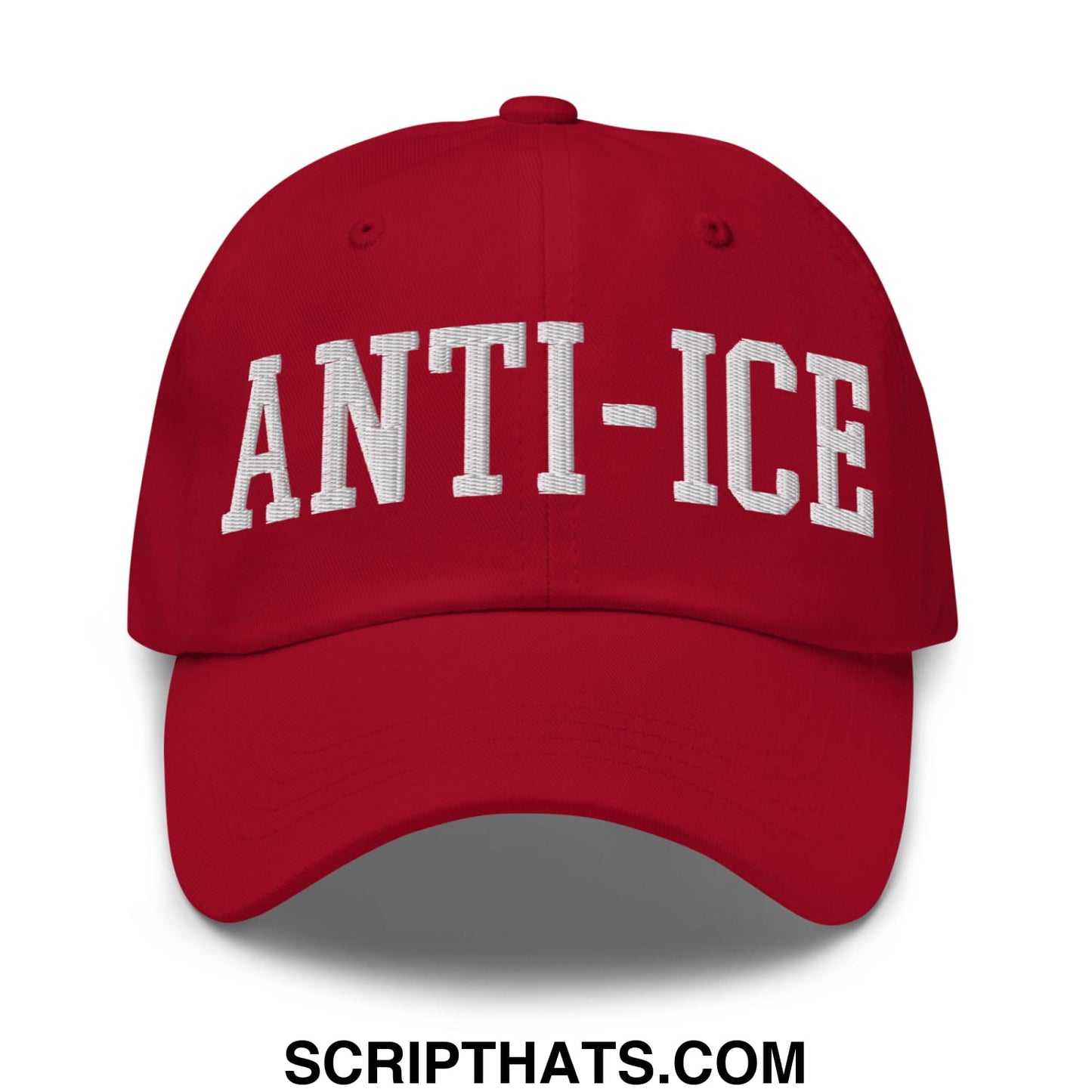 Red unstructured dad hat with white embroidered anti-ice lettering made of soft cotton material