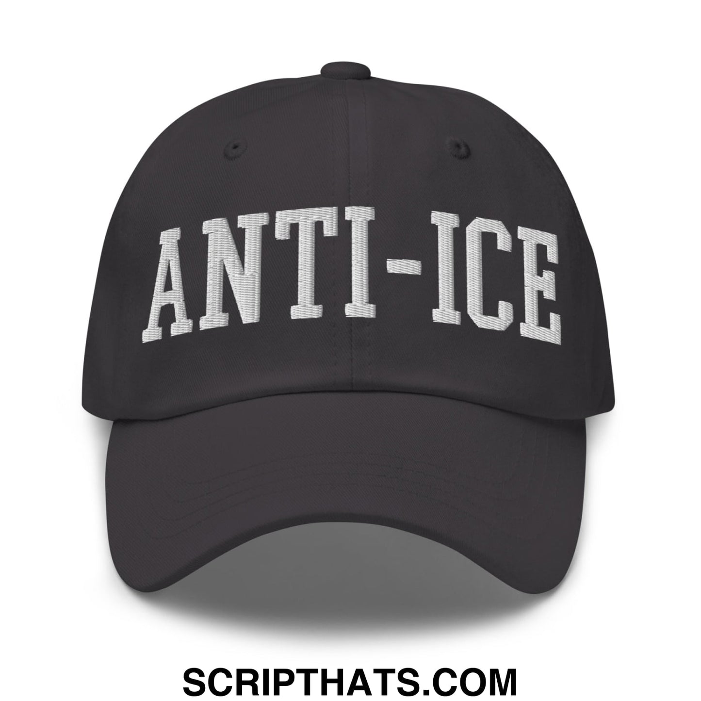 Black unstructured dad hat with white embroidered anti-ice lettering on front for casual wear