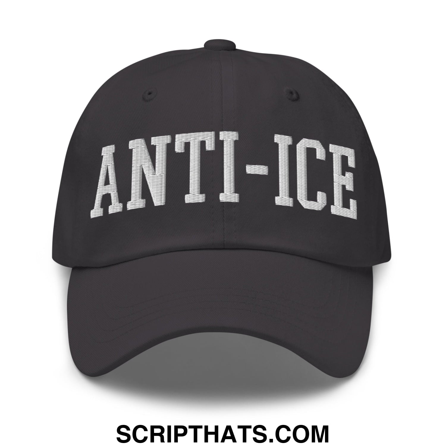 Black unstructured dad hat with white embroidered anti-ice lettering on front for casual wear