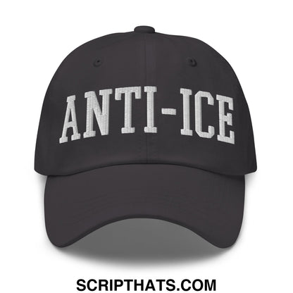 Black unstructured dad hat with white embroidered anti-ice lettering on front for casual wear