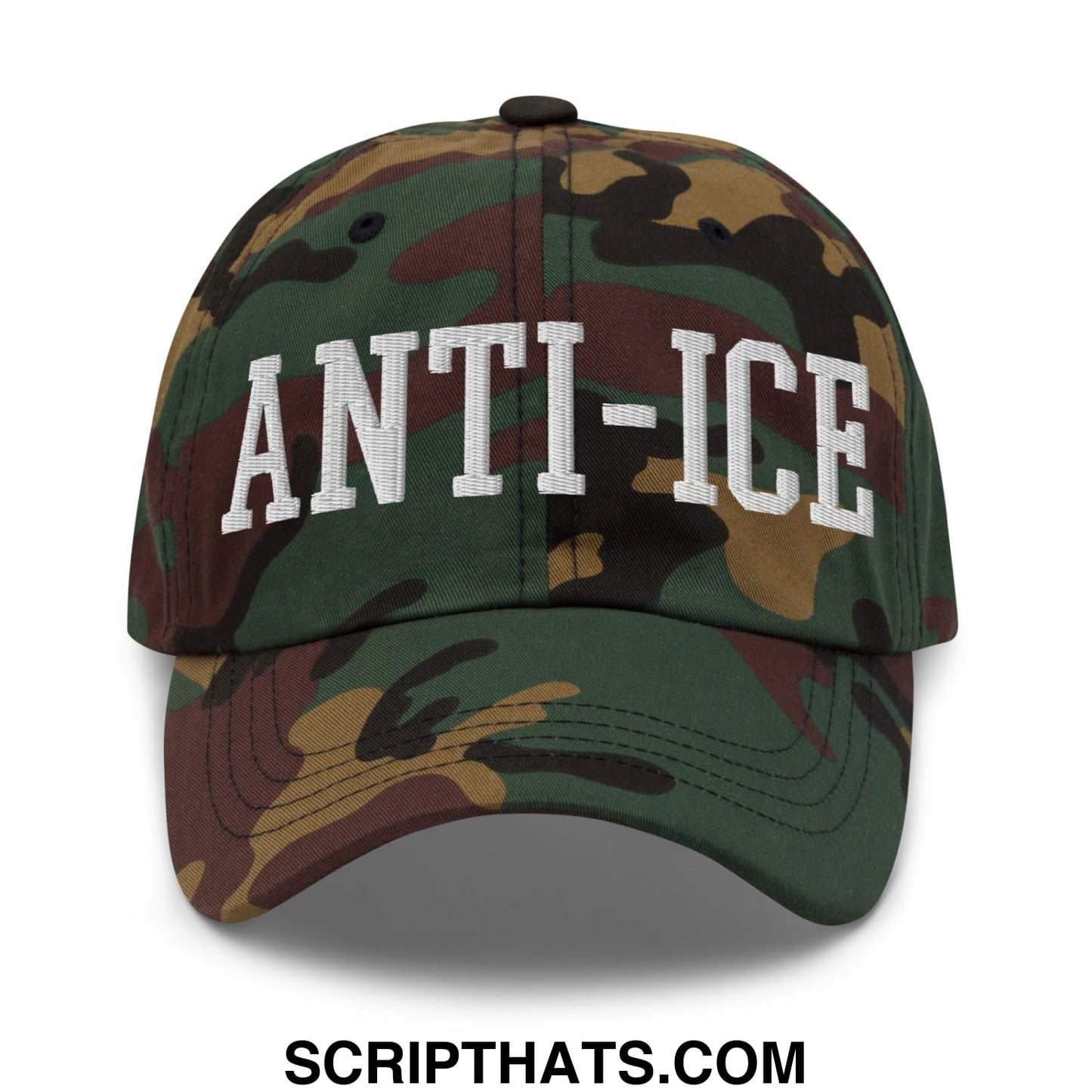 A camouflage unstructured dad hat with anti-ice embroidered in white on the front for casual wear