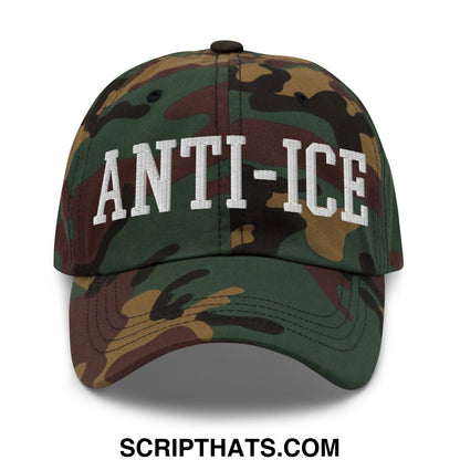 A camouflage unstructured dad hat with anti-ice embroidered in white on the front for casual wear