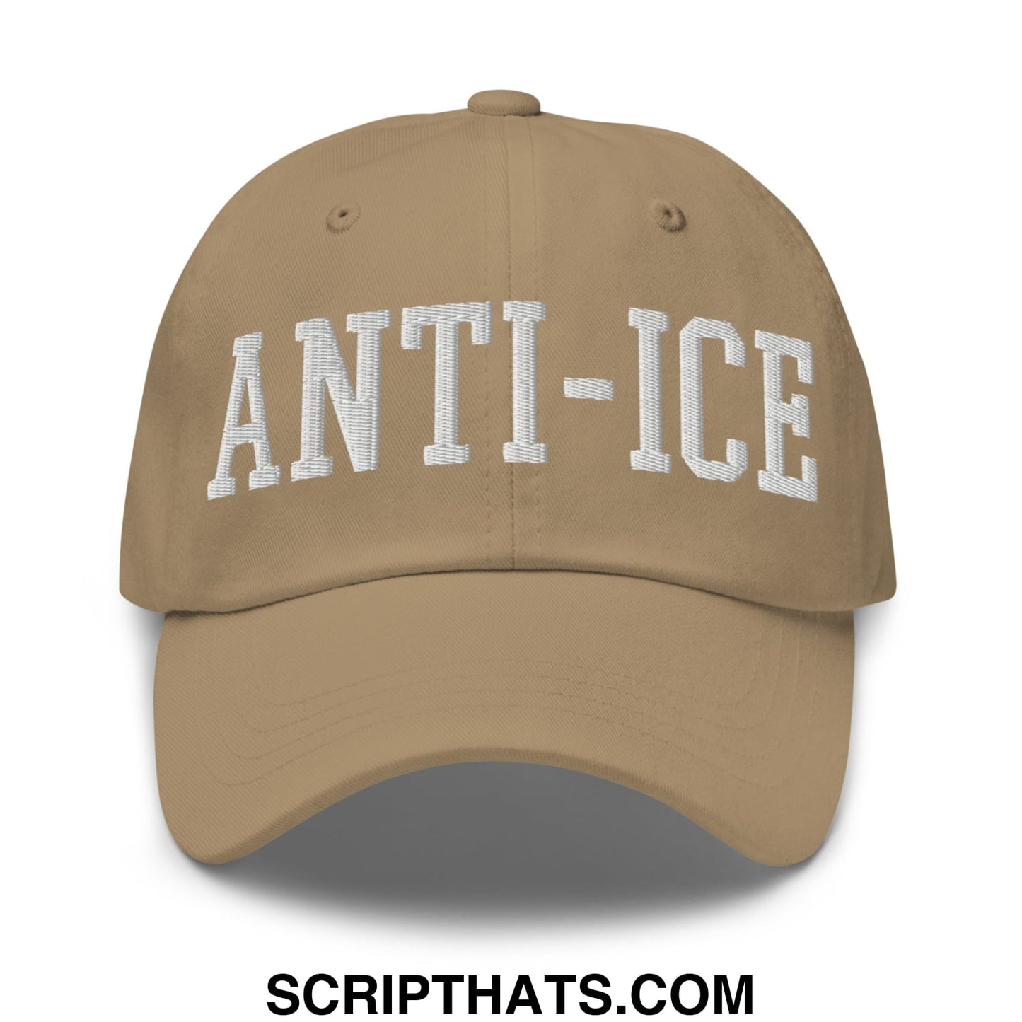 Tan unstructured dad hat with white embroidered anti-ice lettering in classic collegiate font
