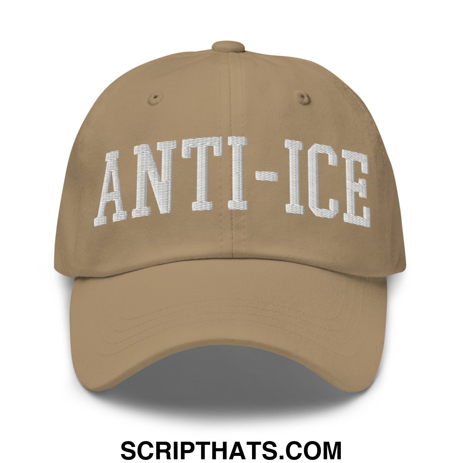 Tan unstructured dad hat with white embroidered anti-ice lettering in classic collegiate font