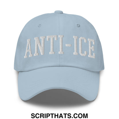 Light blue unstructured dad hat with white embroidered anti ice lettering across the front panel
