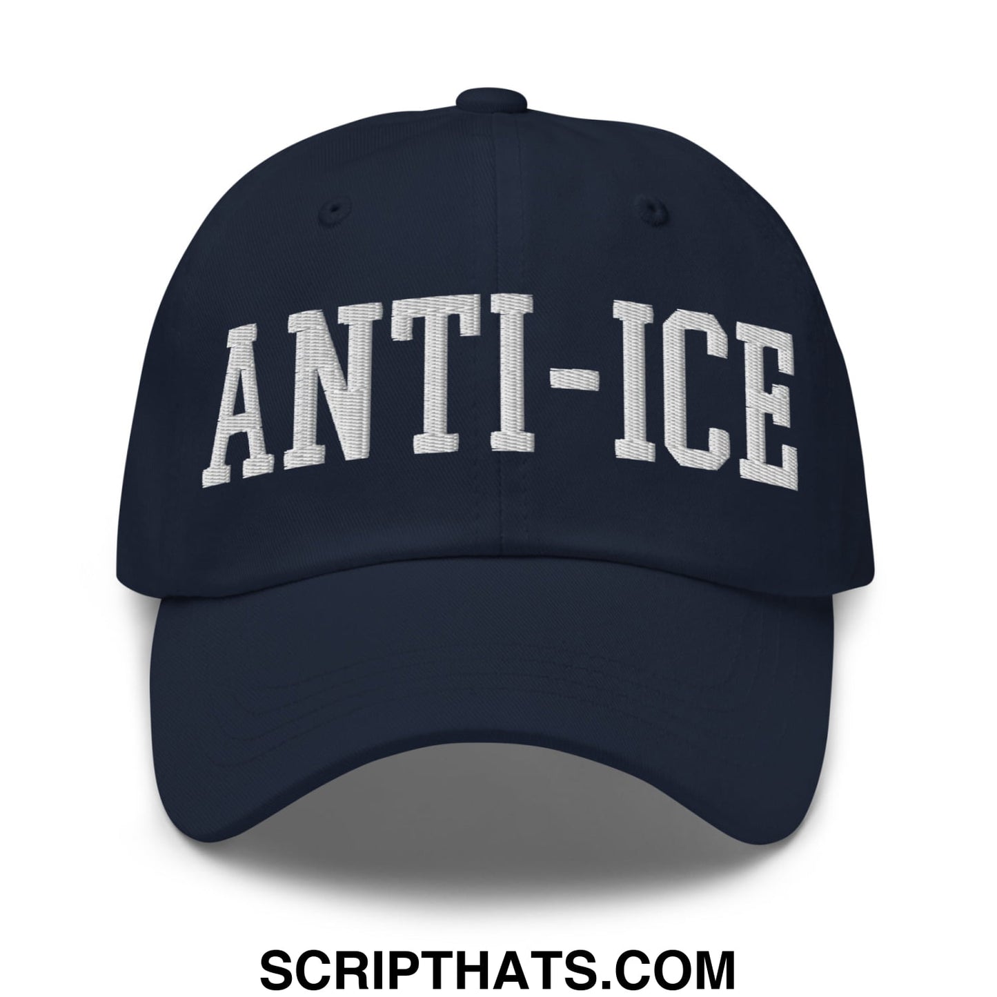 Navy blue unstructured dad hat with white embroidered anti-ice lettering in classic collegiate font