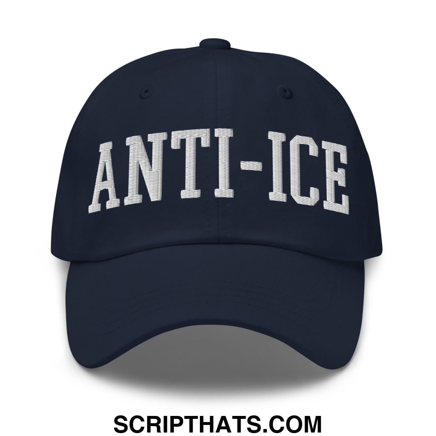 Navy blue unstructured dad hat with white embroidered anti-ice lettering in classic collegiate font