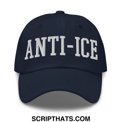 Navy blue unstructured dad hat with white embroidered anti-ice lettering in classic collegiate font