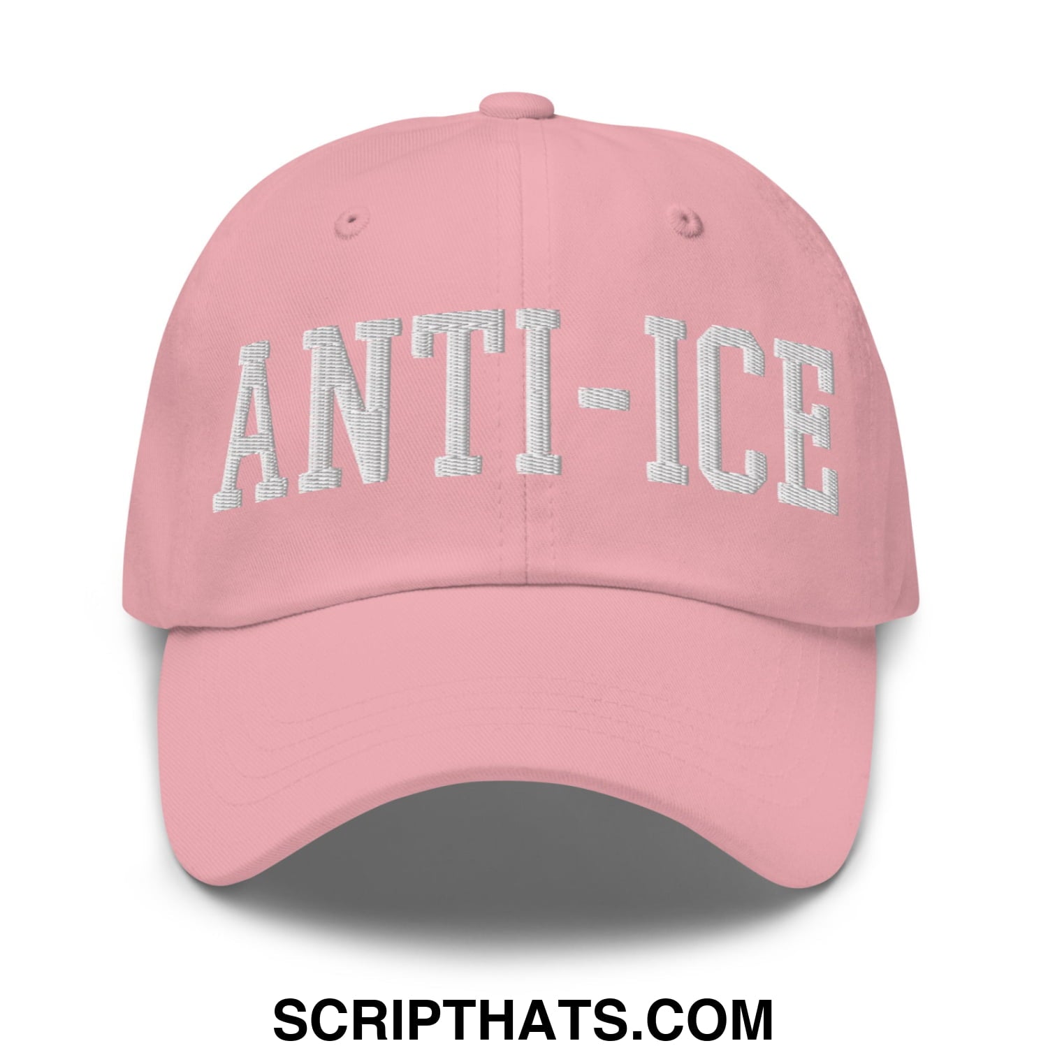 A soft pink unstructured dad hat with anti-ice embroidered in white thread on the front panel