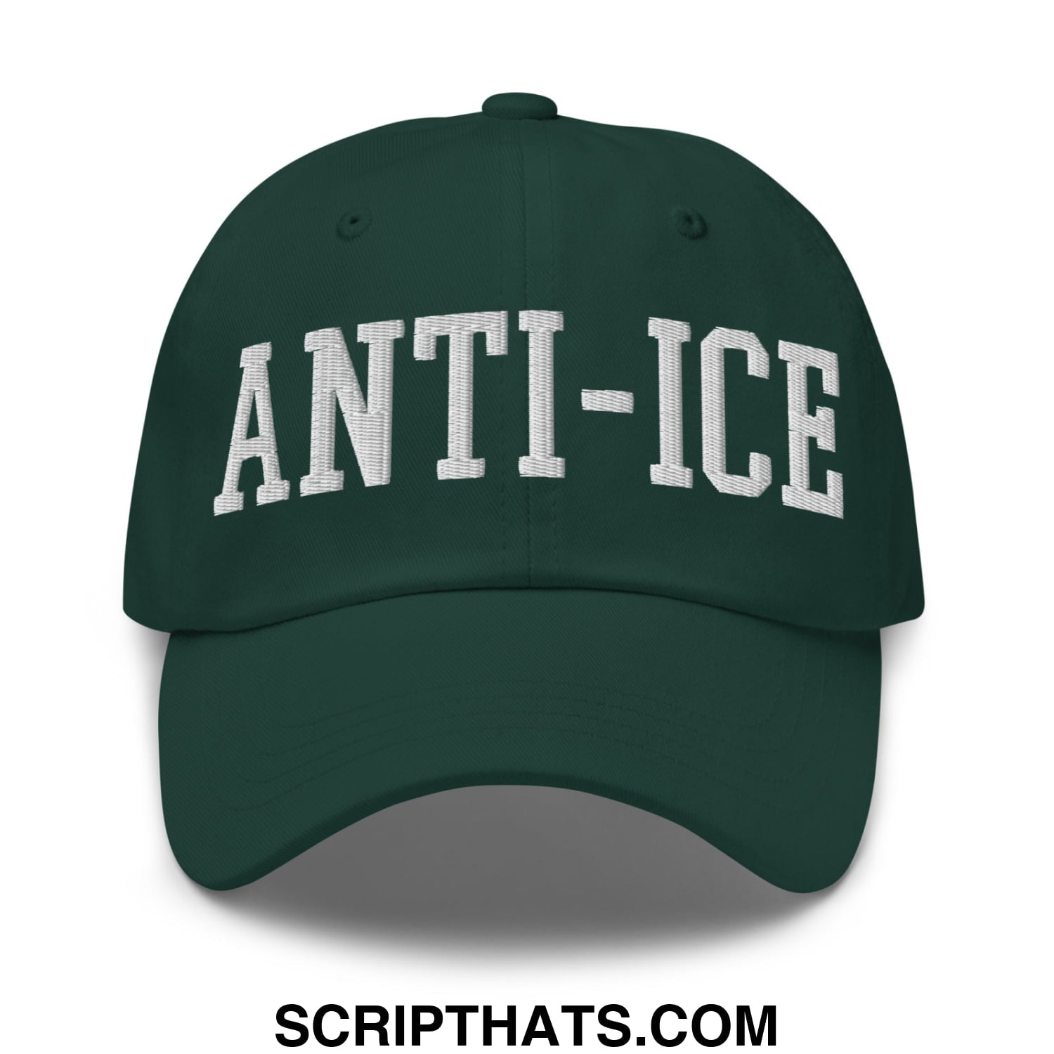 Dark green unstructured dad hat with white embroidered anti ice lettering on front for casual wear
