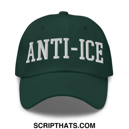 Dark green unstructured dad hat with white embroidered anti ice lettering on front for casual wear