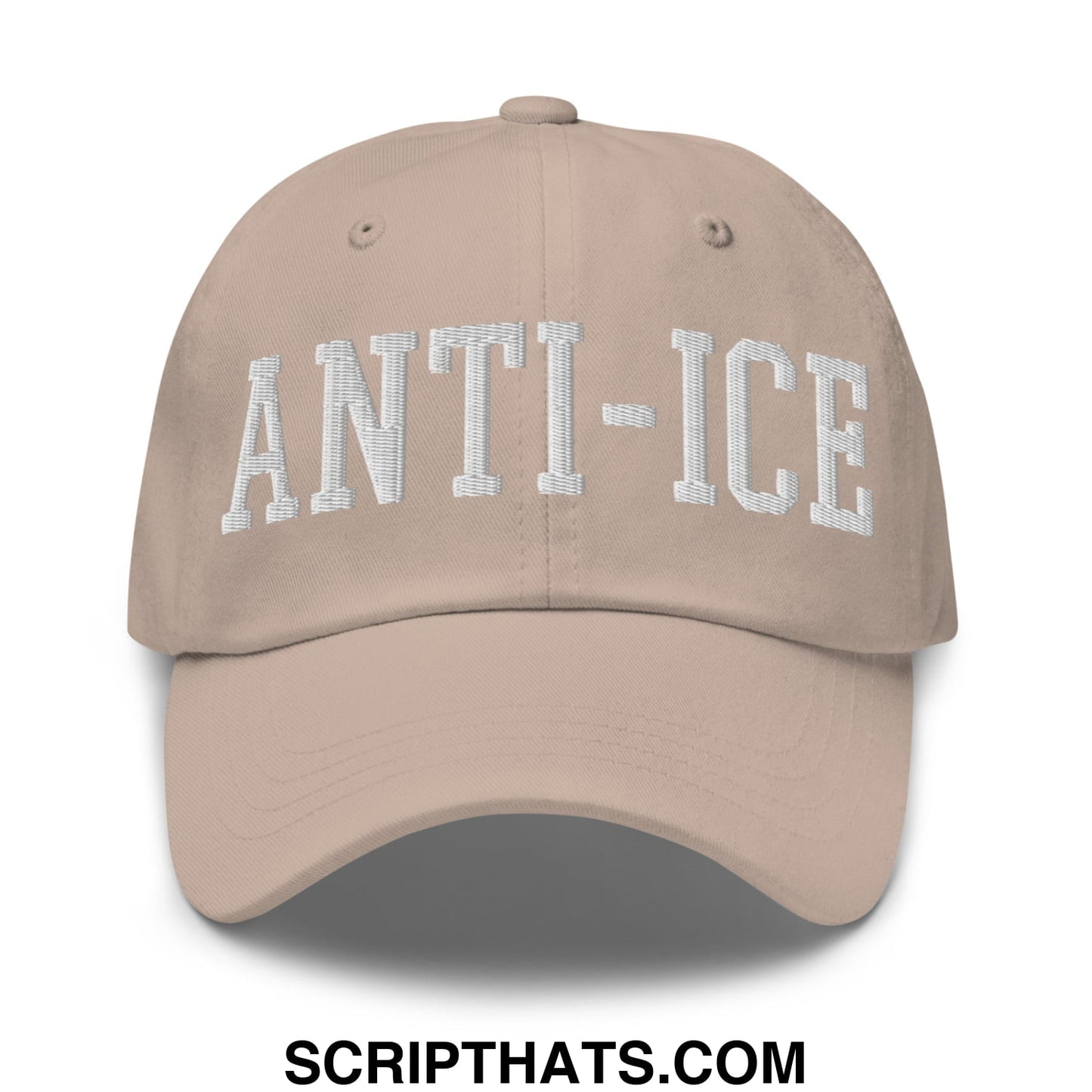 Beige unstructured dad hat with white embroidered anti ice lettering shown from the back side