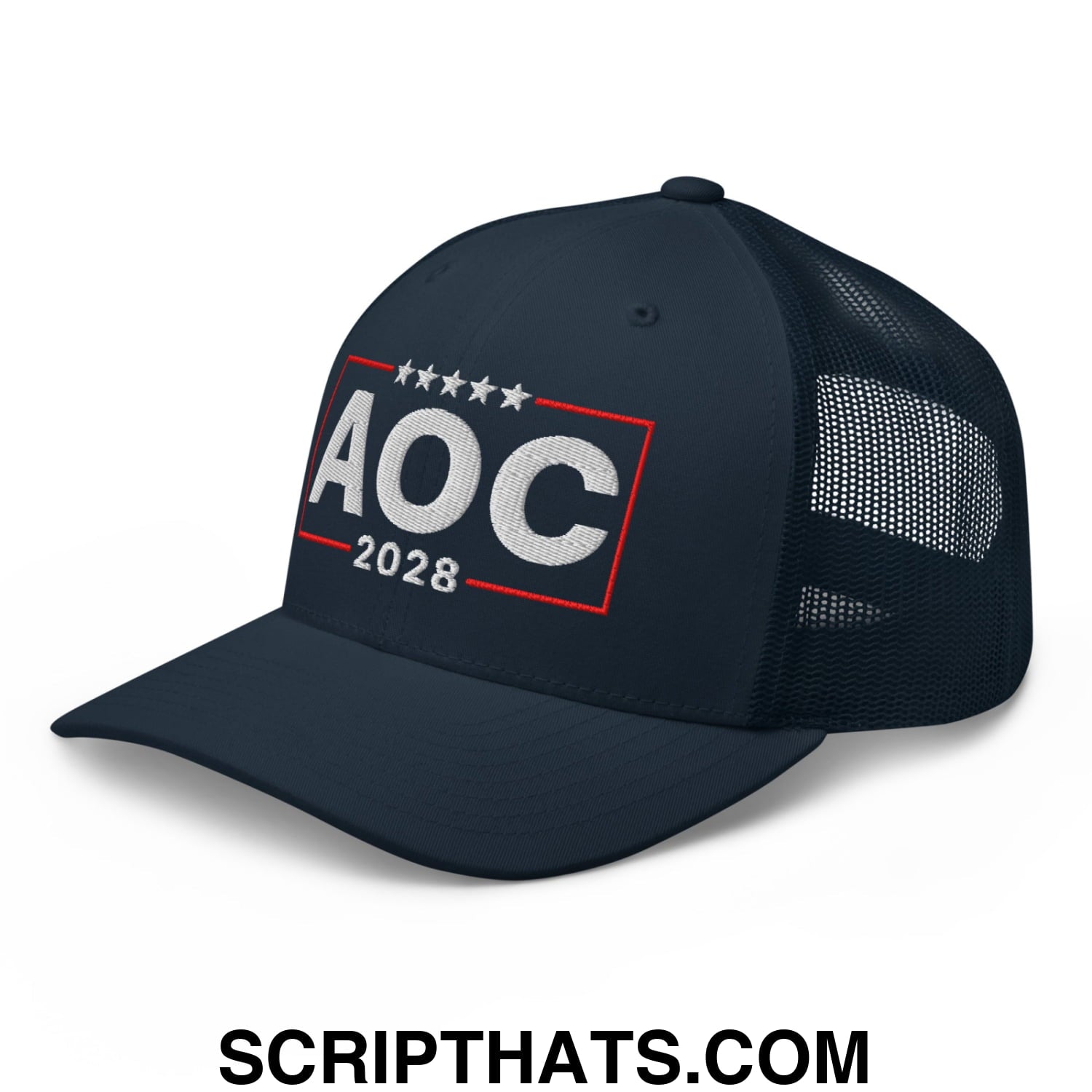 AOC Alexandria Ocasio-Cortez 2028 Embroidered Mesh Trucker Hat Navy