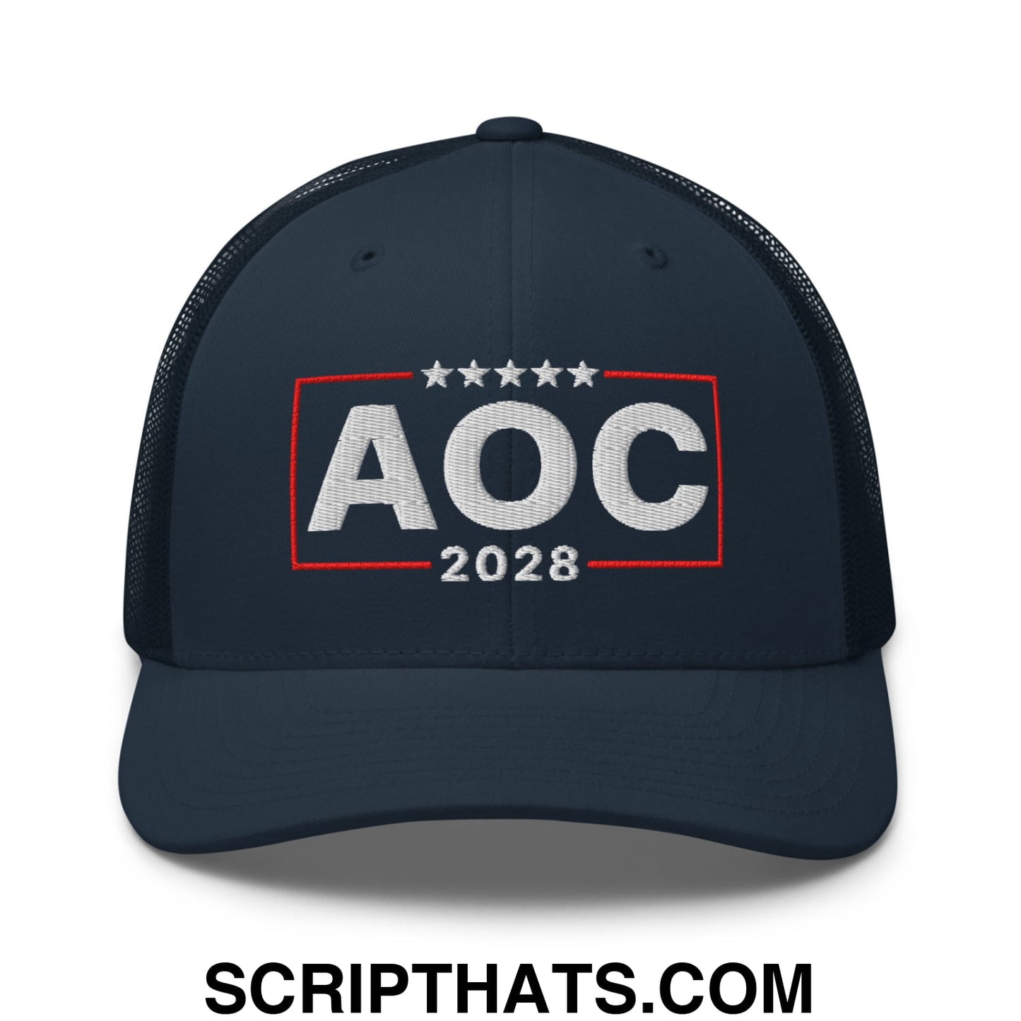AOC Alexandria Ocasio-Cortez 2028 Embroidered Mesh Trucker Hat Navy