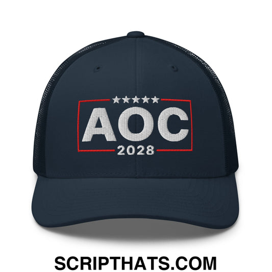 AOC Alexandria Ocasio-Cortez 2028 Embroidered Mesh Trucker Hat Navy