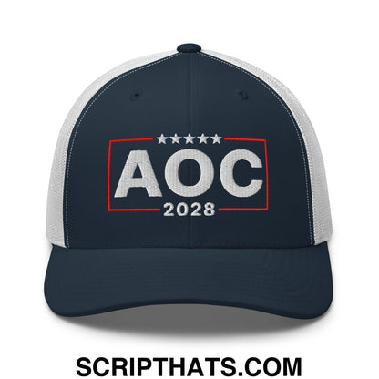 AOC Alexandria Ocasio-Cortez 2028 Embroidered Mesh Trucker Hat Navy White