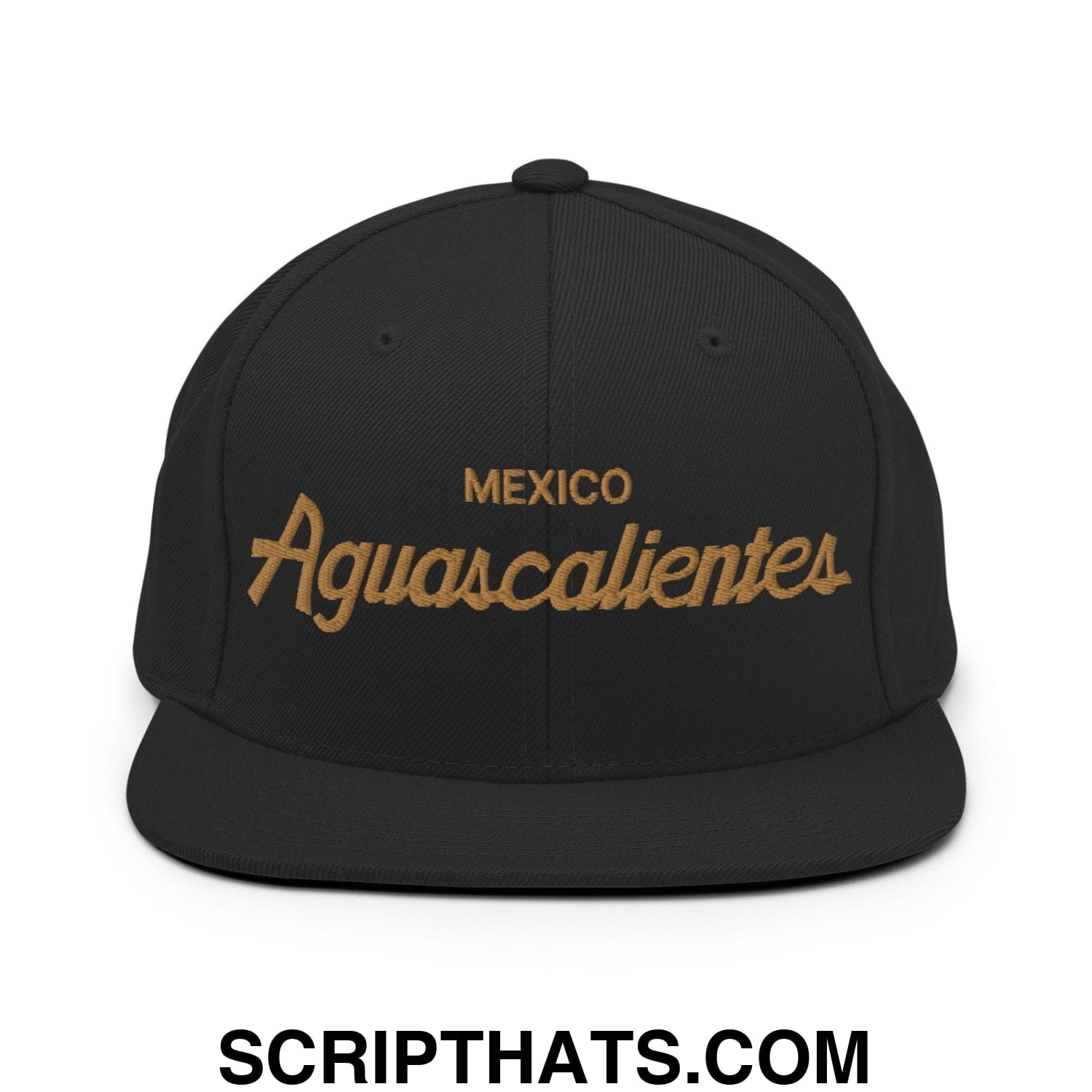 Aquascalientes Mexico Gold Vintage Sports Script Snapback Hat Black