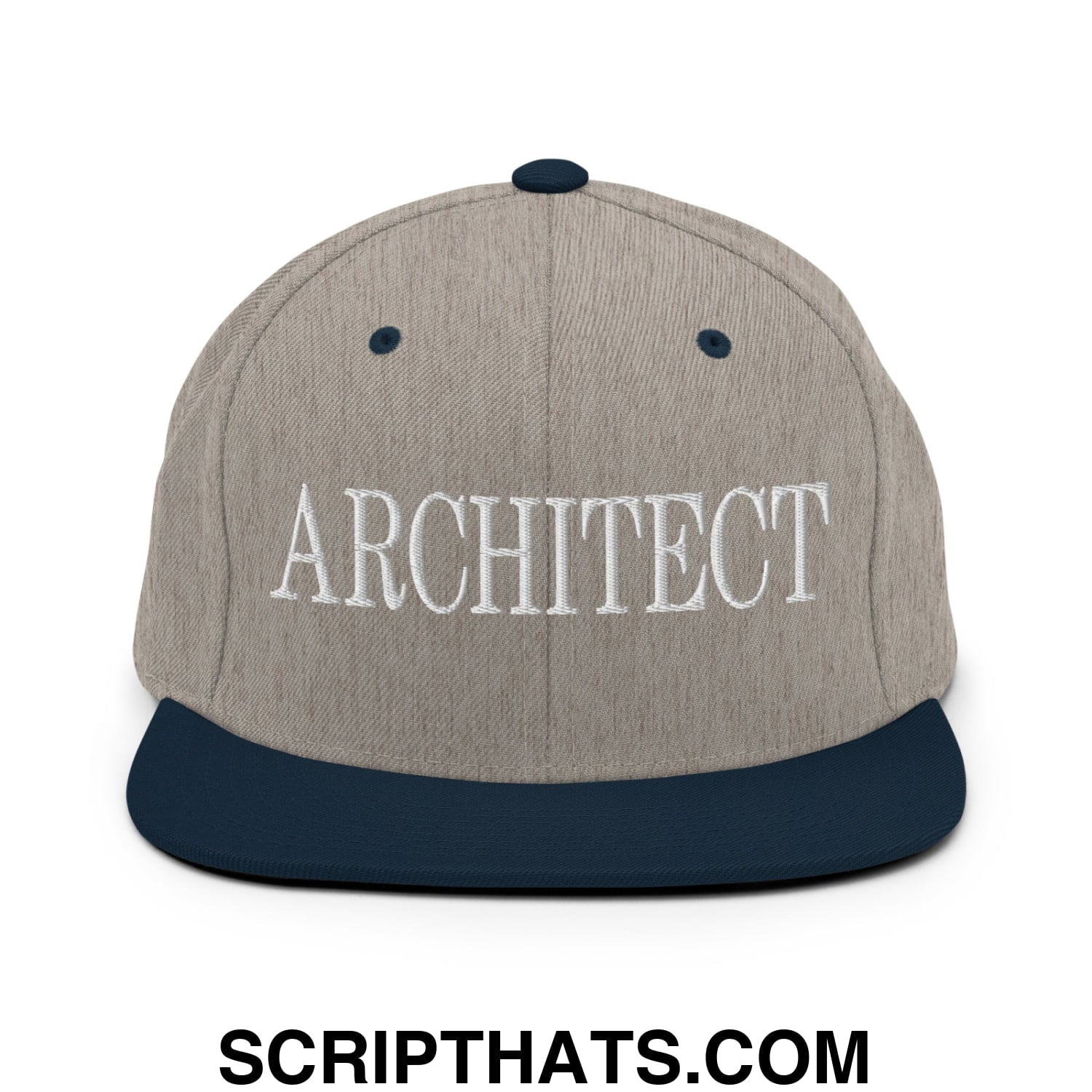 Architect Embroidered Flat Bill Brim Snapback Hat Heather Grey Navy
