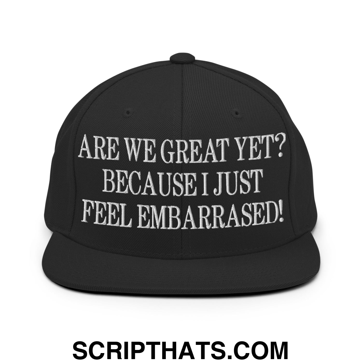 Are We Great Yet? Because I Just Feel Embarrassed! Embroidered Flat Bill Brim Snapback Hat Black