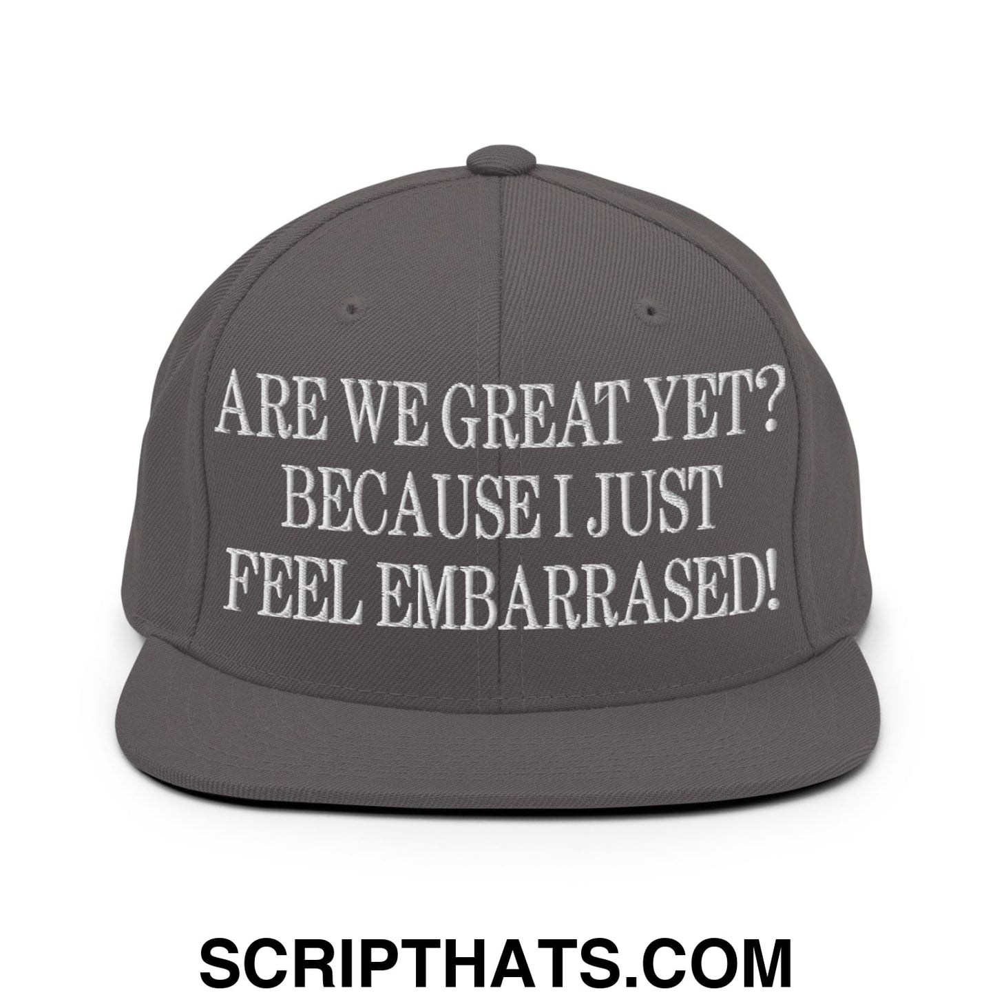 Are We Great Yet? Because I Just Feel Embarrassed! Embroidered Flat Bill Brim Snapback Hat Dark Grey