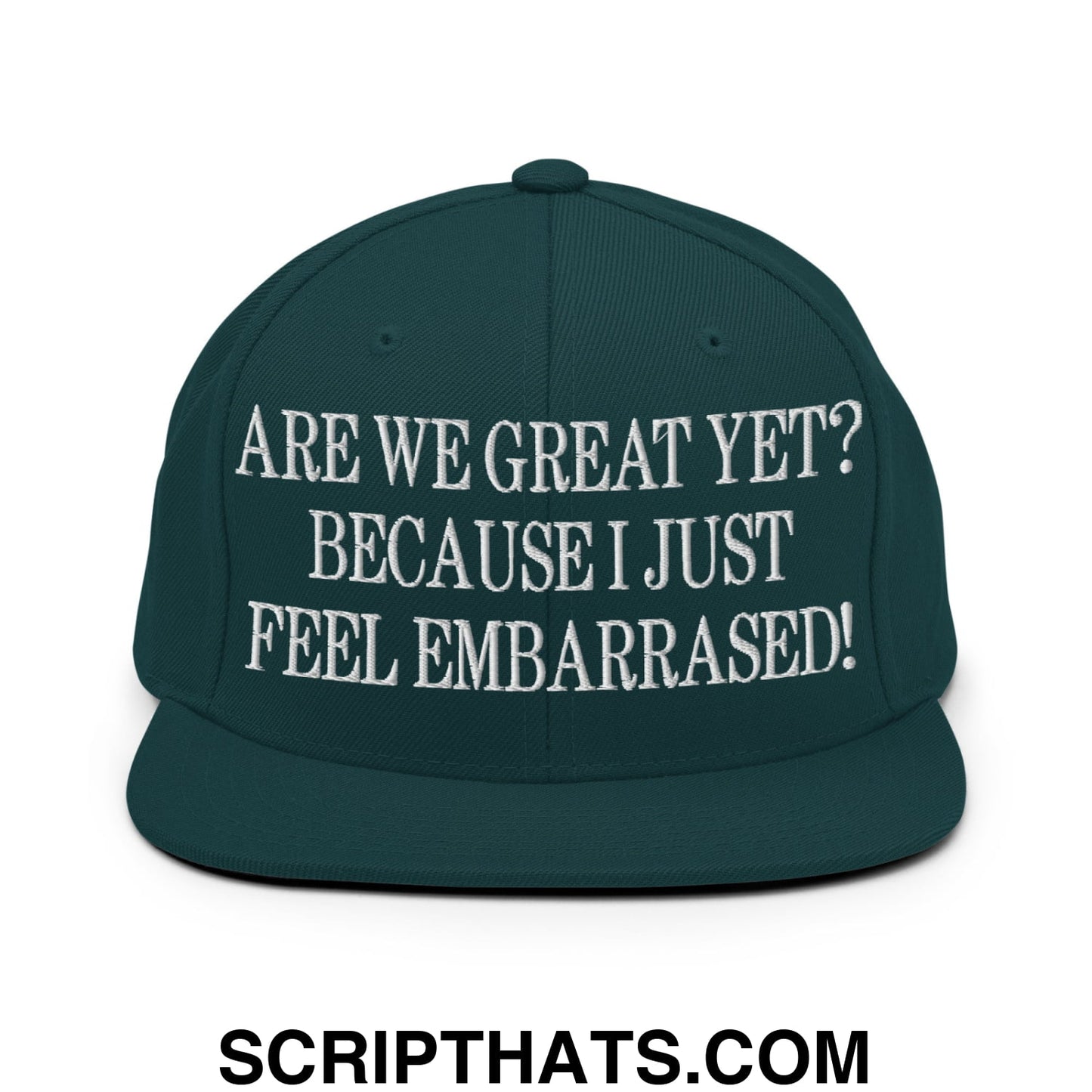 Are We Great Yet? Because I Just Feel Embarrassed! Embroidered Flat Bill Brim Snapback Hat Spruce