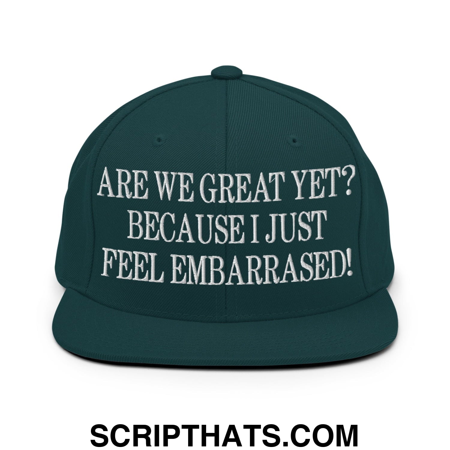 Are We Great Yet? Because I Just Feel Embarrassed! Embroidered Flat Bill Brim Snapback Hat Spruce