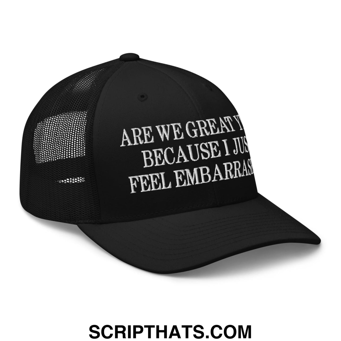 Are We Great Yet? Because I Just Feel Embarrassed! Embroidered Mesh Trucker Hat Black