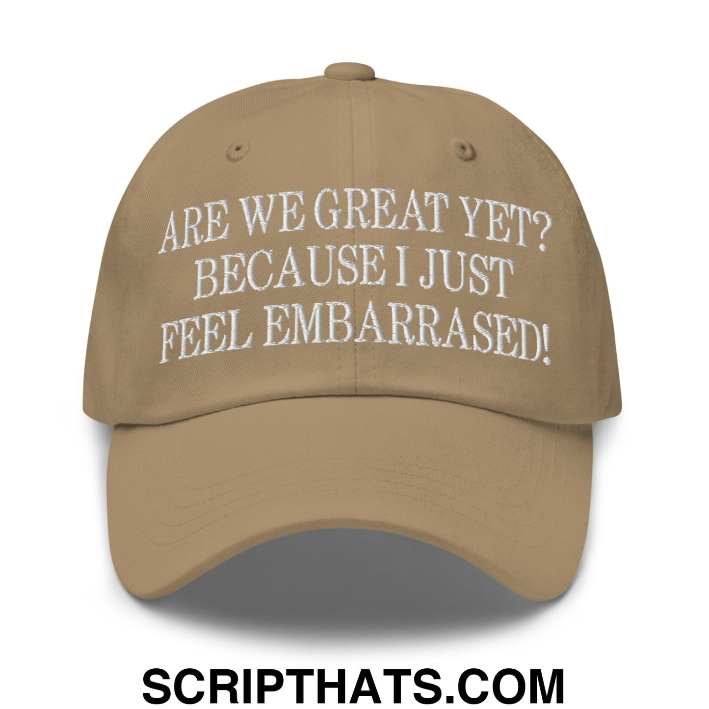 Are We Great Yet? Because I Just Feel Embarrassed! Embroidered Unstructured Dad Hat Khaki