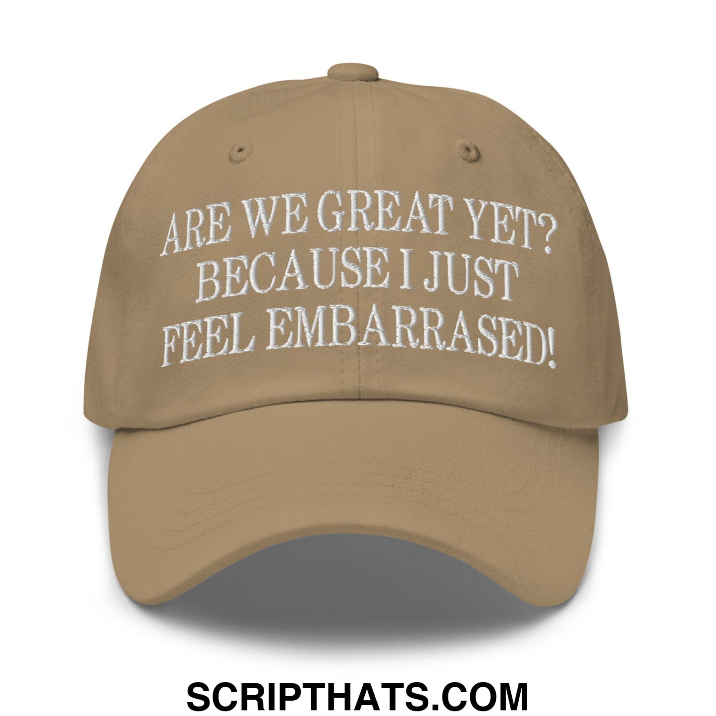 Are We Great Yet? Because I Just Feel Embarrassed! Embroidered Unstructured Dad Hat Khaki