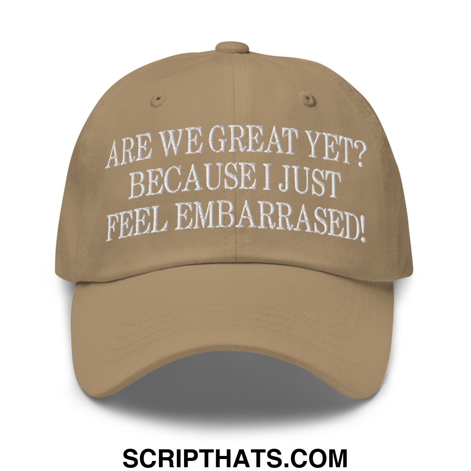 Are We Great Yet? Because I Just Feel Embarrassed! Embroidered Unstructured Dad Hat Khaki