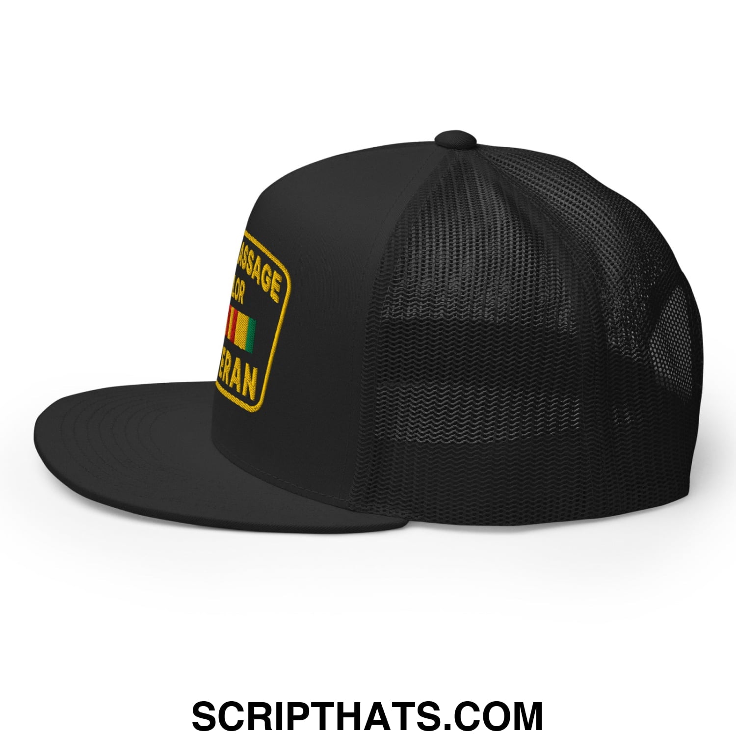Asian Massage Parlor Veteran Embroidered Flat Bill Brim Mesh Trucker Hat Black