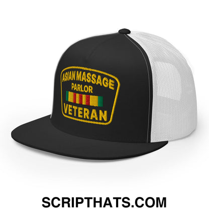 Asian Massage Parlor Veteran Embroidered Flat Bill Brim Mesh Trucker Hat Black White