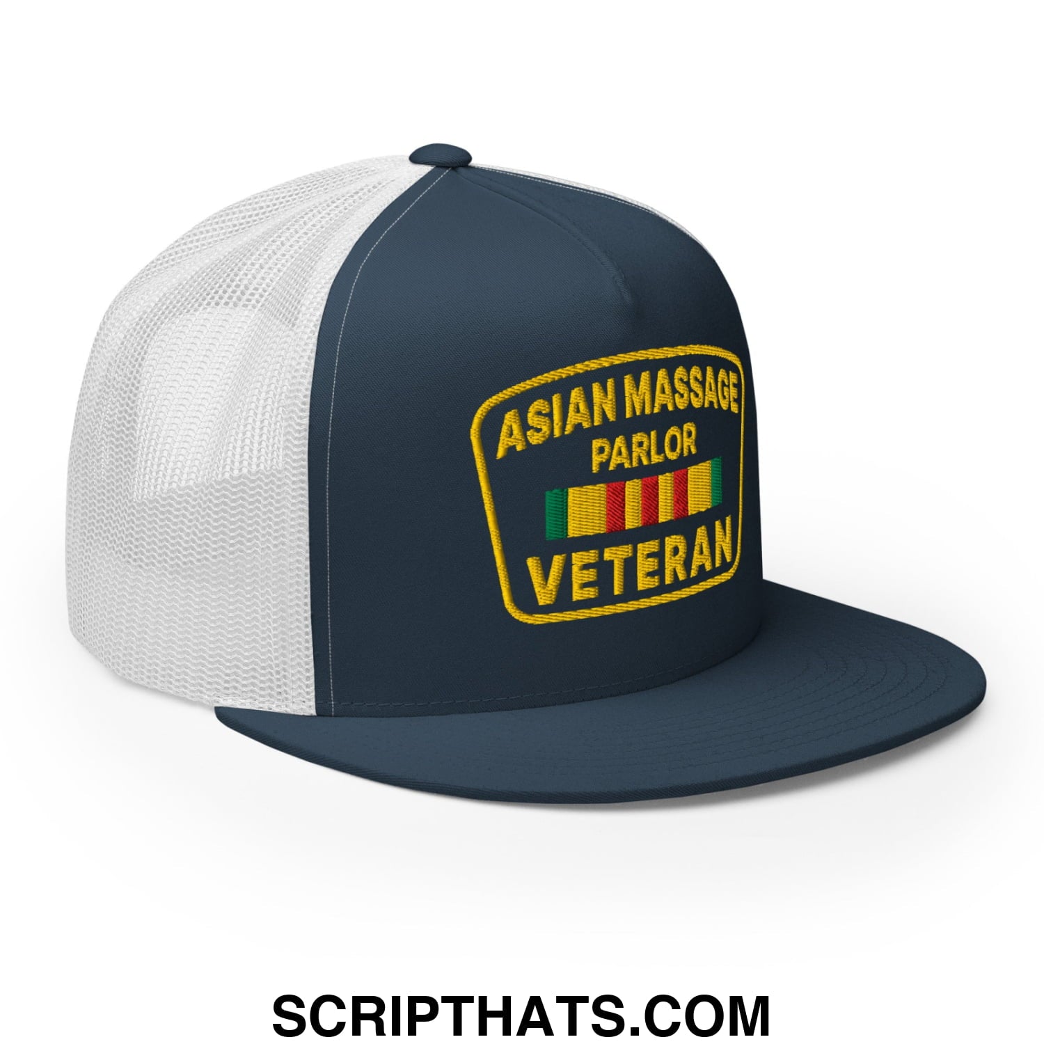 Asian Massage Parlor Veteran Embroidered Flat Bill Brim Mesh Trucker Hat Navy White